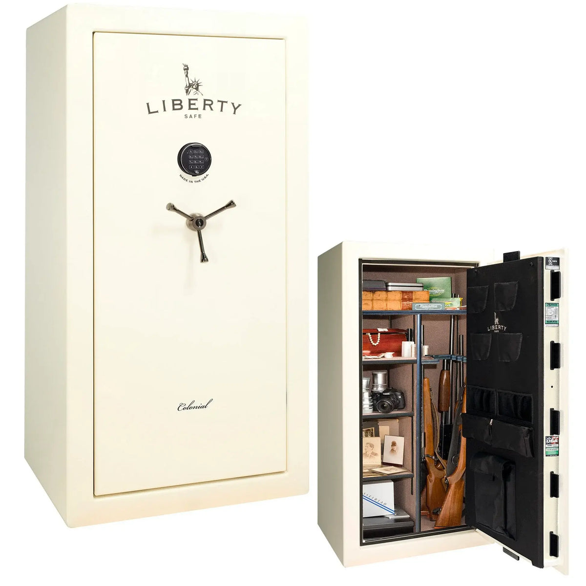 Liberty Colonial 23 gun safe in White Gloss with Black Chrome hardware, stacked exterior with S&G electronic lock and Standard Flex interior