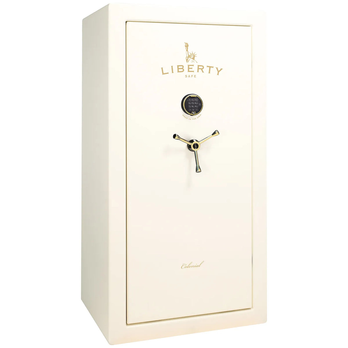 Liberty Colonial 23 gun safe in White Gloss with Brass hardware, exterior view with S&G electronic lock