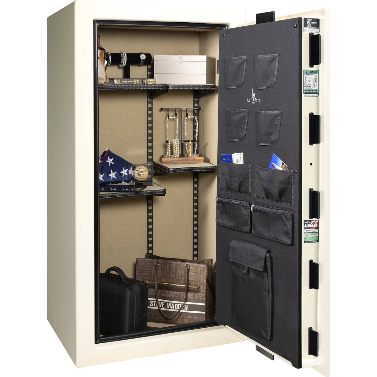 Liberty Colonial 23 gun safe in White Gloss with Black Chrome hardware, open with Pro Flex interior