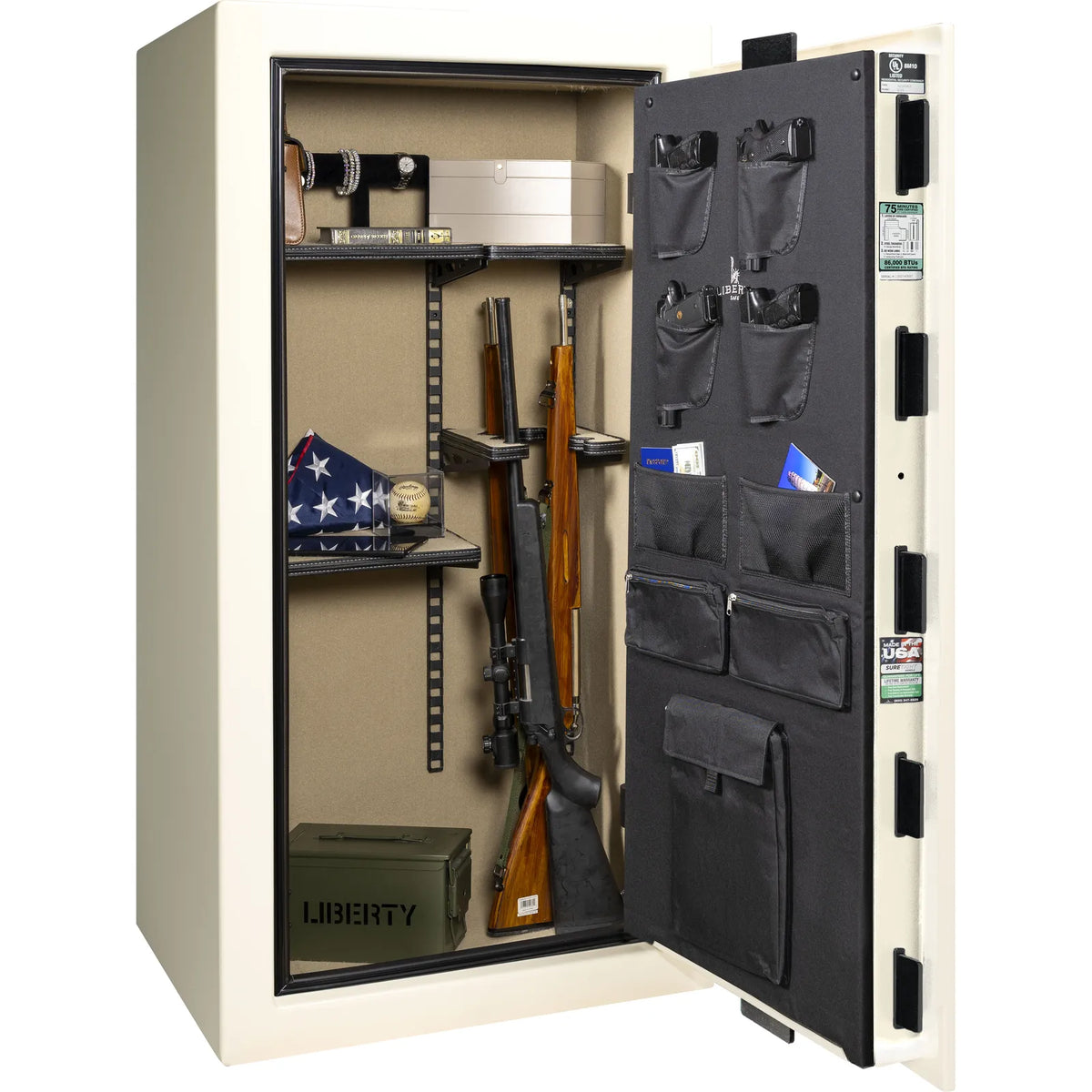 Liberty Colonial 23 gun safe in White Gloss with Black Chrome hardware, open with Pro Flex interior loaded