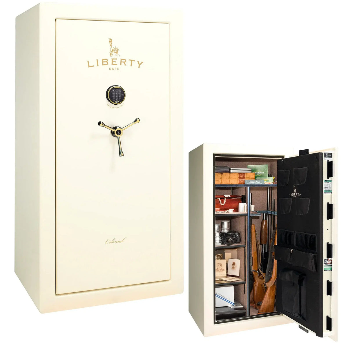 Liberty Colonial 23 gun safe in White Gloss with Brass hardware, stacked exterior with S&G electronic lock and Standard Flex interior
