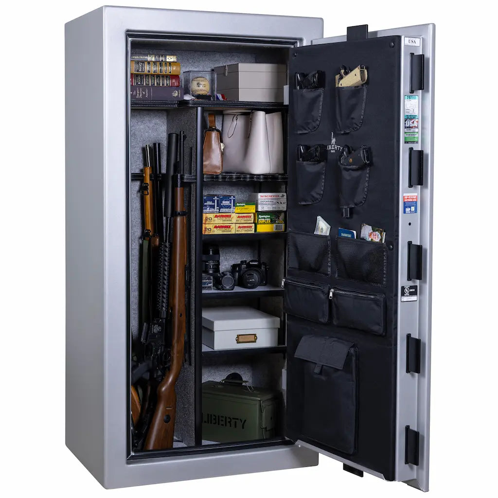Liberty Colonial 23 gun safe standard interior loaded with firearms