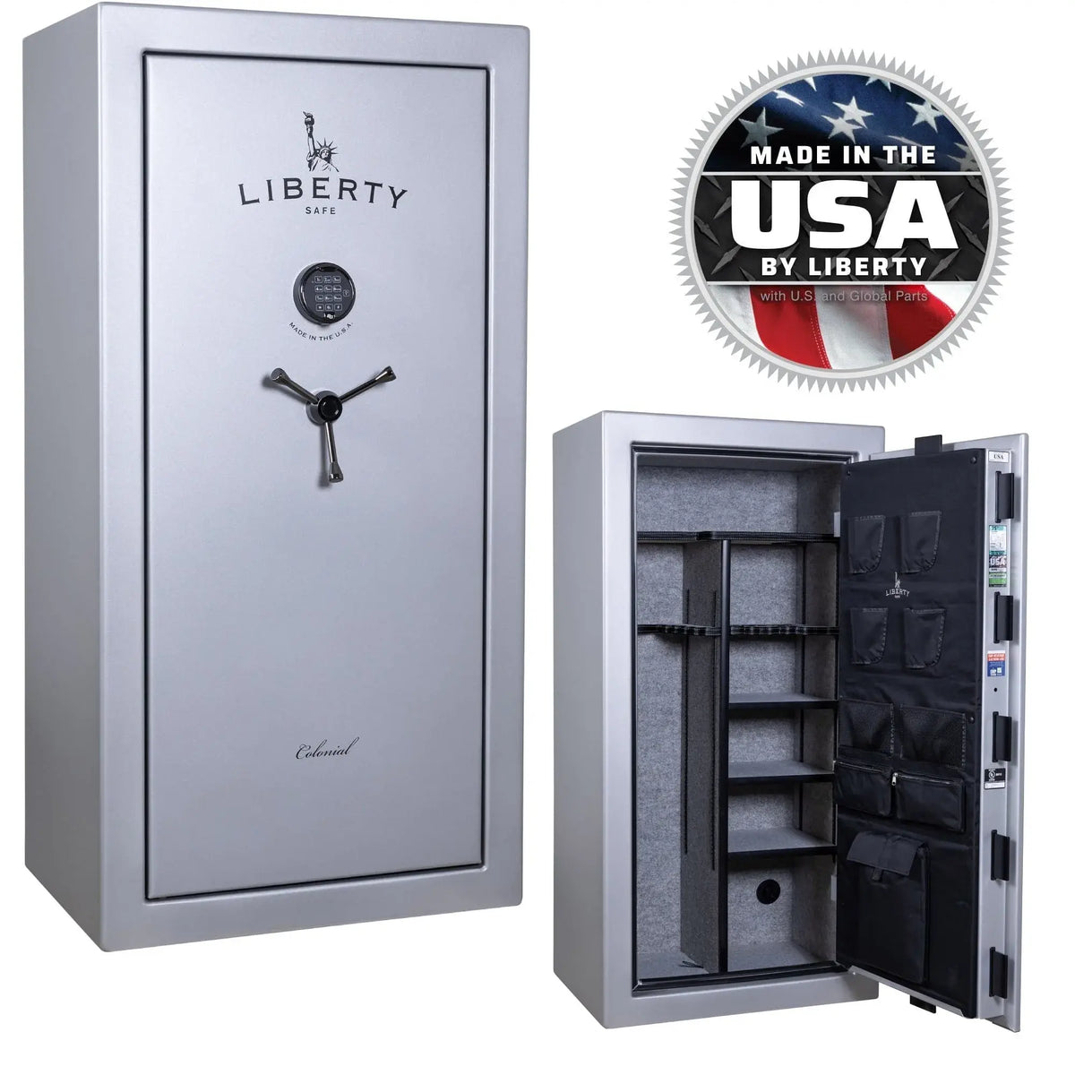 Liberty Colonial 23 gun safe glacial steel exterior and interior view USA made badge