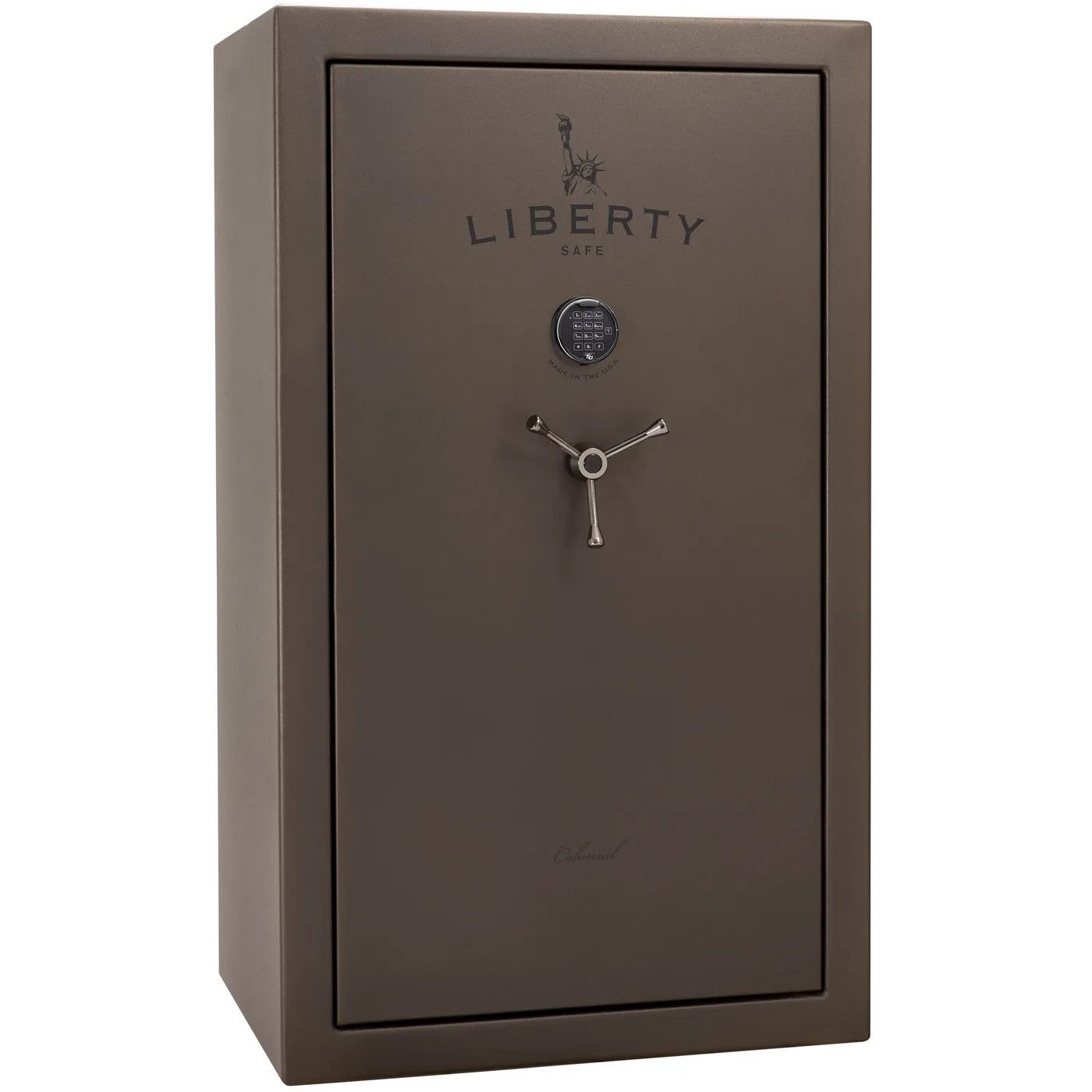 Liberty Colonial 30 gun safe in Textured Bronze with Black Chrome hardware, stacked exterior with S&G electronic lock and Standard Flex interior