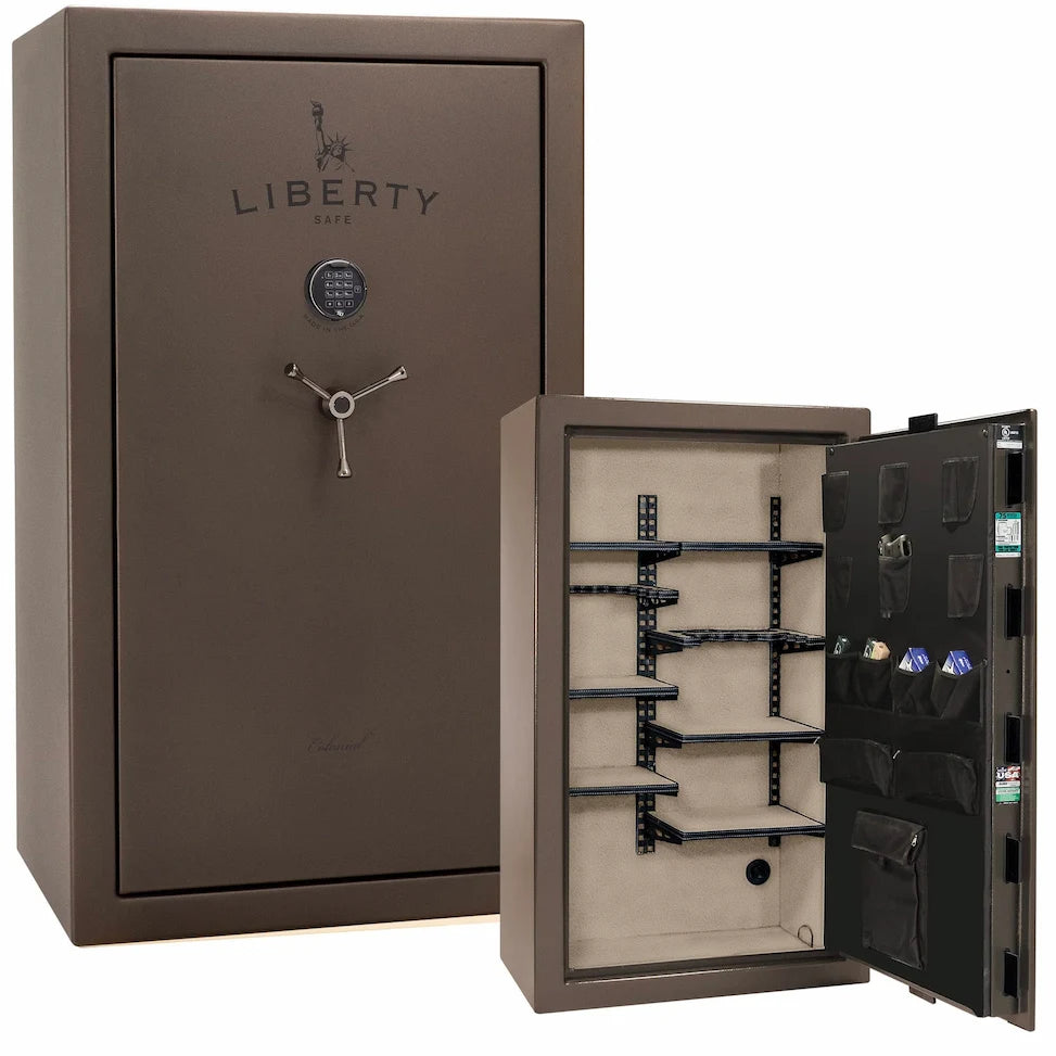 Liberty Colonial 30 gun safe in Textured Bronze with Black Chrome hardware, stacked exterior with S&G electronic lock and Pro Flex interior