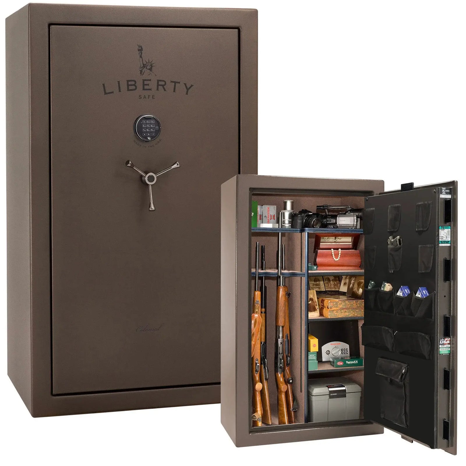 Liberty Colonial 30 gun safe in Textured Bronze with Black Chrome hardware, stacked exterior with S&G electronic lock and Standard Flex interior