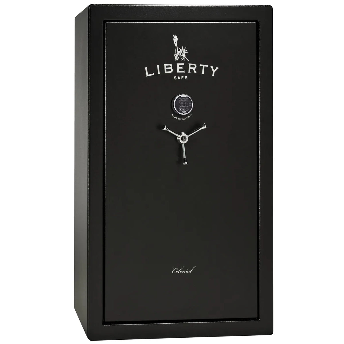 Liberty Colonial 30 gun safe in Textured Black with Chrome hardware, exterior view with S&G electronic lock