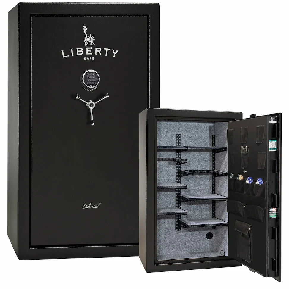 Liberty Colonial 30 gun safe in Textured Black with Chrome hardware, stacked exterior with S&G electronic lock and Pro Flex interior