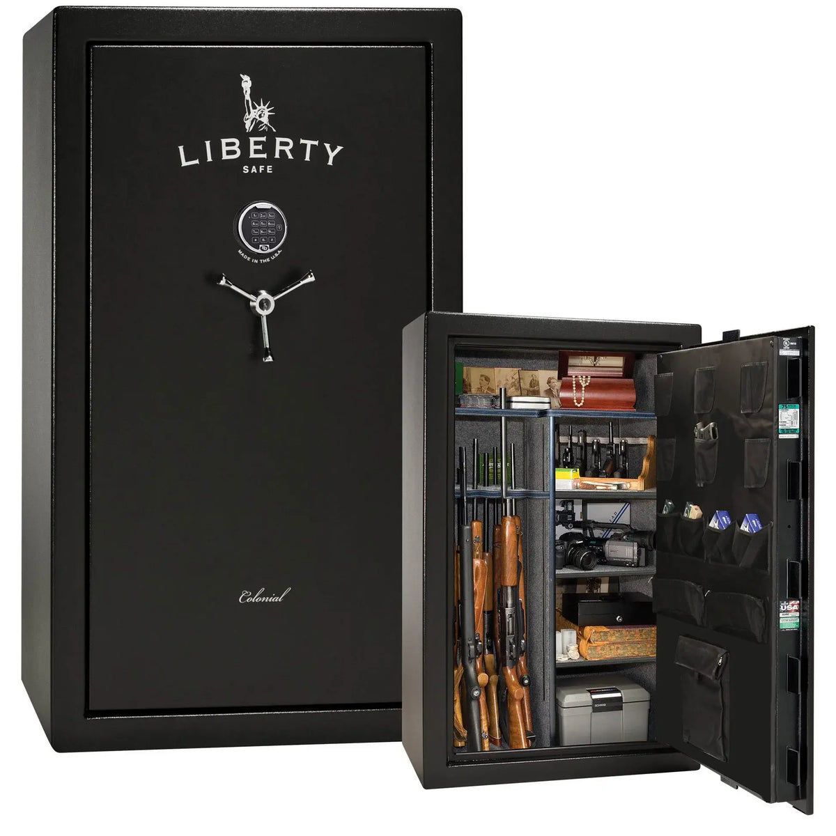 Liberty Colonial 30 gun safe in Textured Black with Chrome hardware, stacked exterior with S&G electronic lock and Standard Flex interior