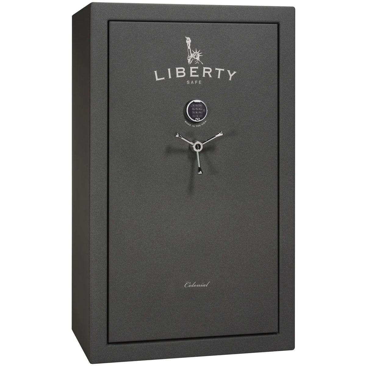 Liberty Colonial 30 gun safe in Textured Granite with Chrome hardware, exterior view with S&G electronic lock