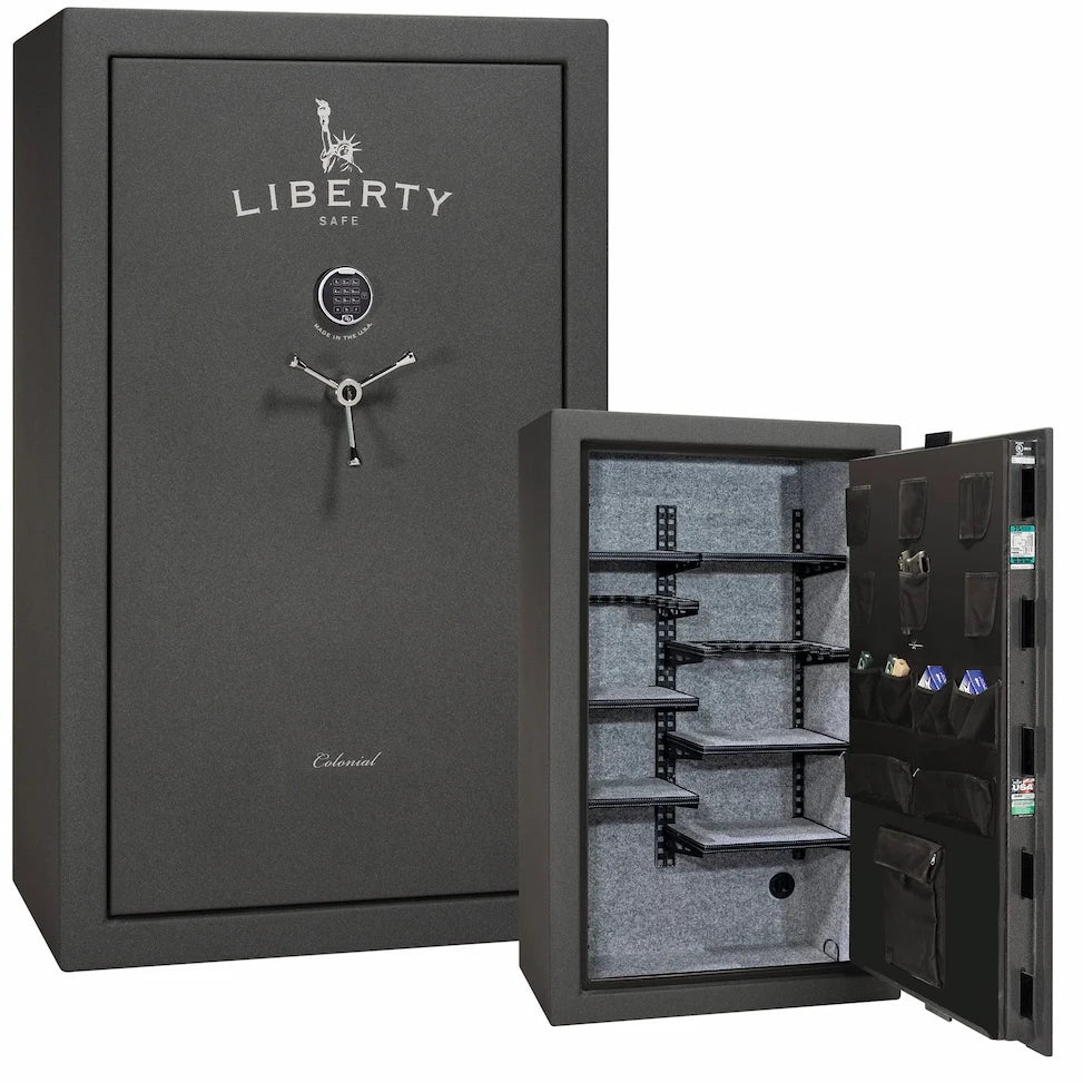 Liberty Colonial 30 gun safe in Textured Granite with Chrome hardware, stacked exterior with S&G electronic lock and Pro Flex interior