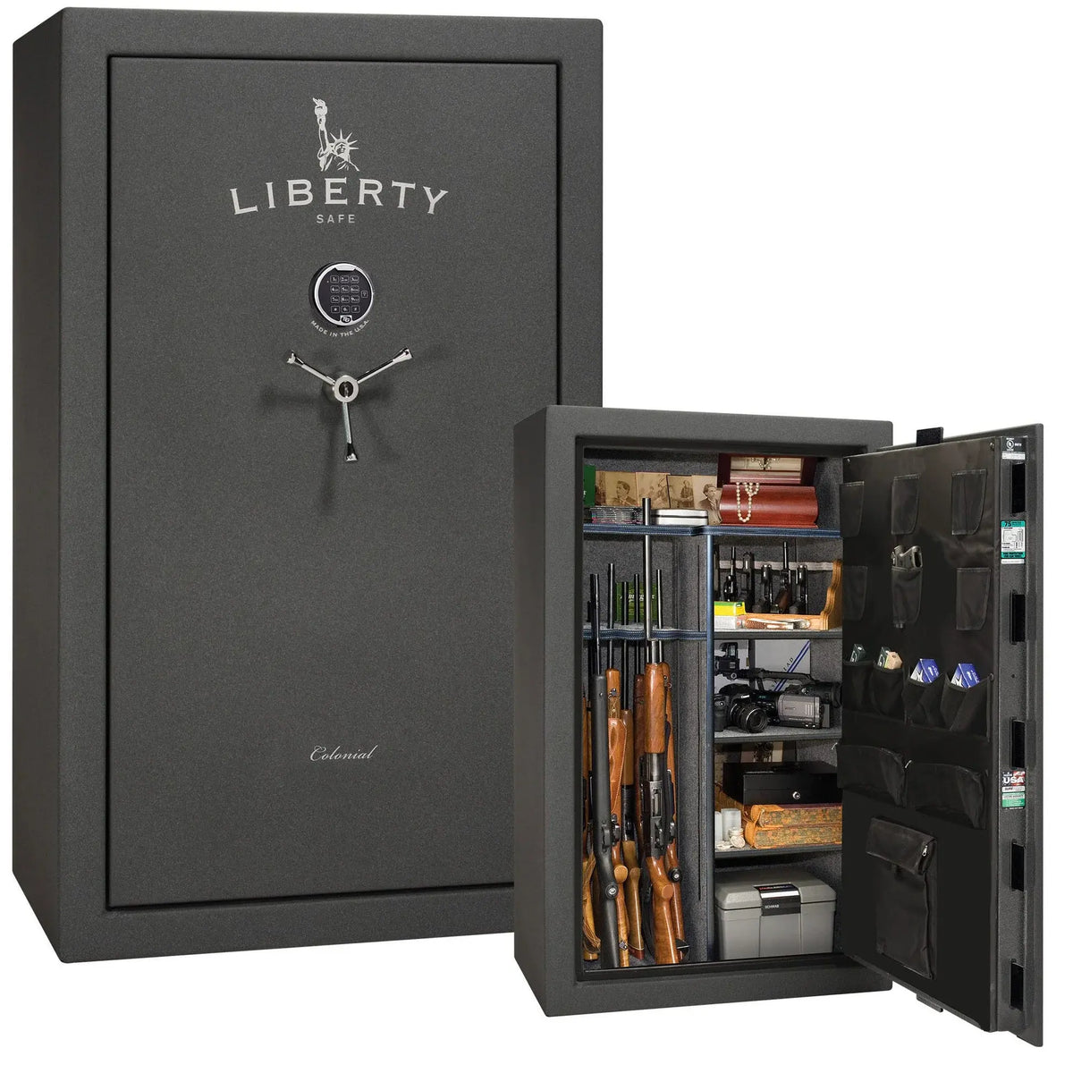 Liberty Colonial 30 gun safe in Textured Granite with Chrome hardware, stacked exterior with S&G electronic lock and Standard Flex interior