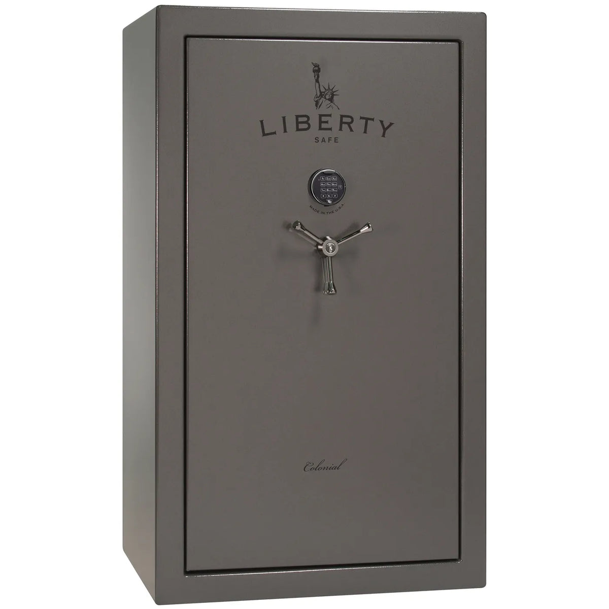 Liberty Colonial 30 gun safe in Gray Marble with Black Chrome hardware, exterior view with S&G electronic lock