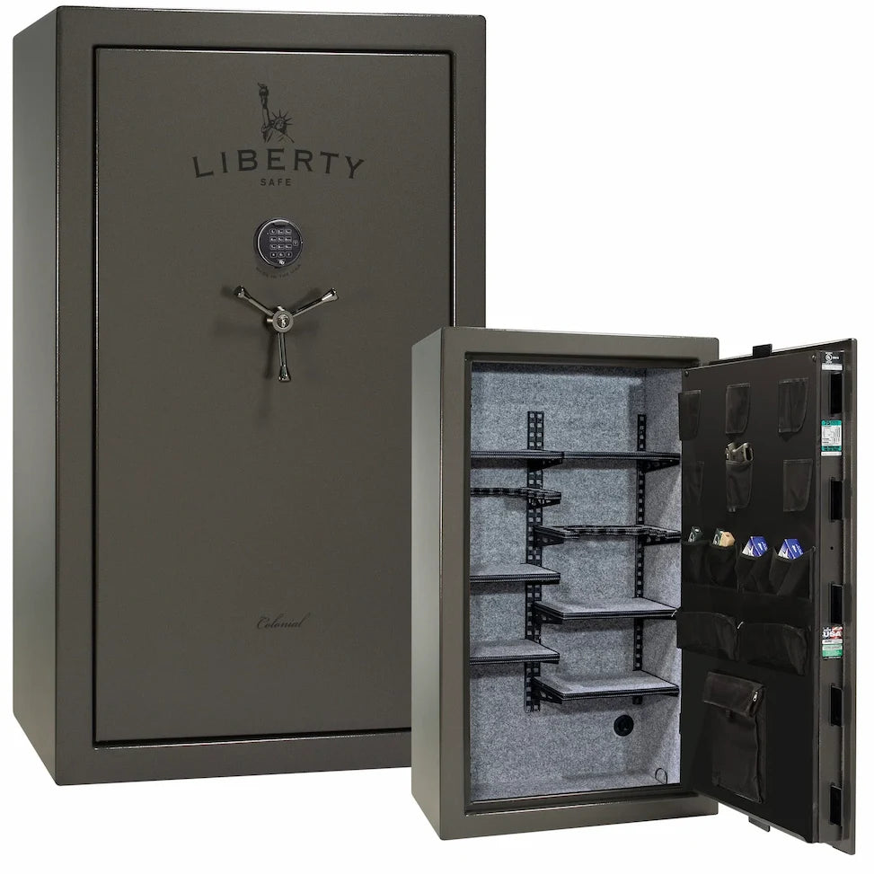 Liberty Colonial 30 gun safe in Gray Marble with Black Chrome hardware, stacked exterior with S&G electronic lock and Pro Flex interior