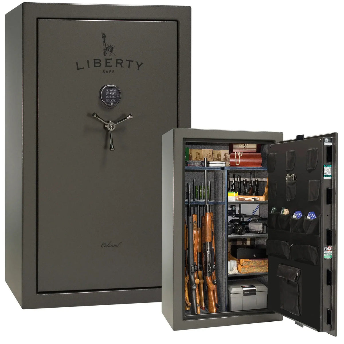 Liberty Colonial 30 gun safe in Gray Marble with Black Chrome hardware, stacked exterior with S&G electronic lock and Standard Flex interior