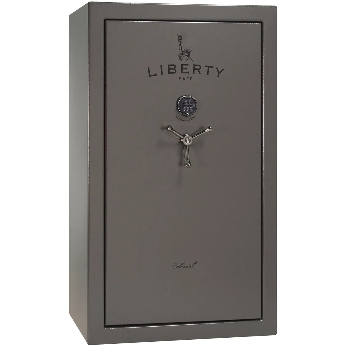 Liberty Colonial 30 gun safe in Gray Gloss with Black Chrome hardware, exterior view with S&G electronic lock