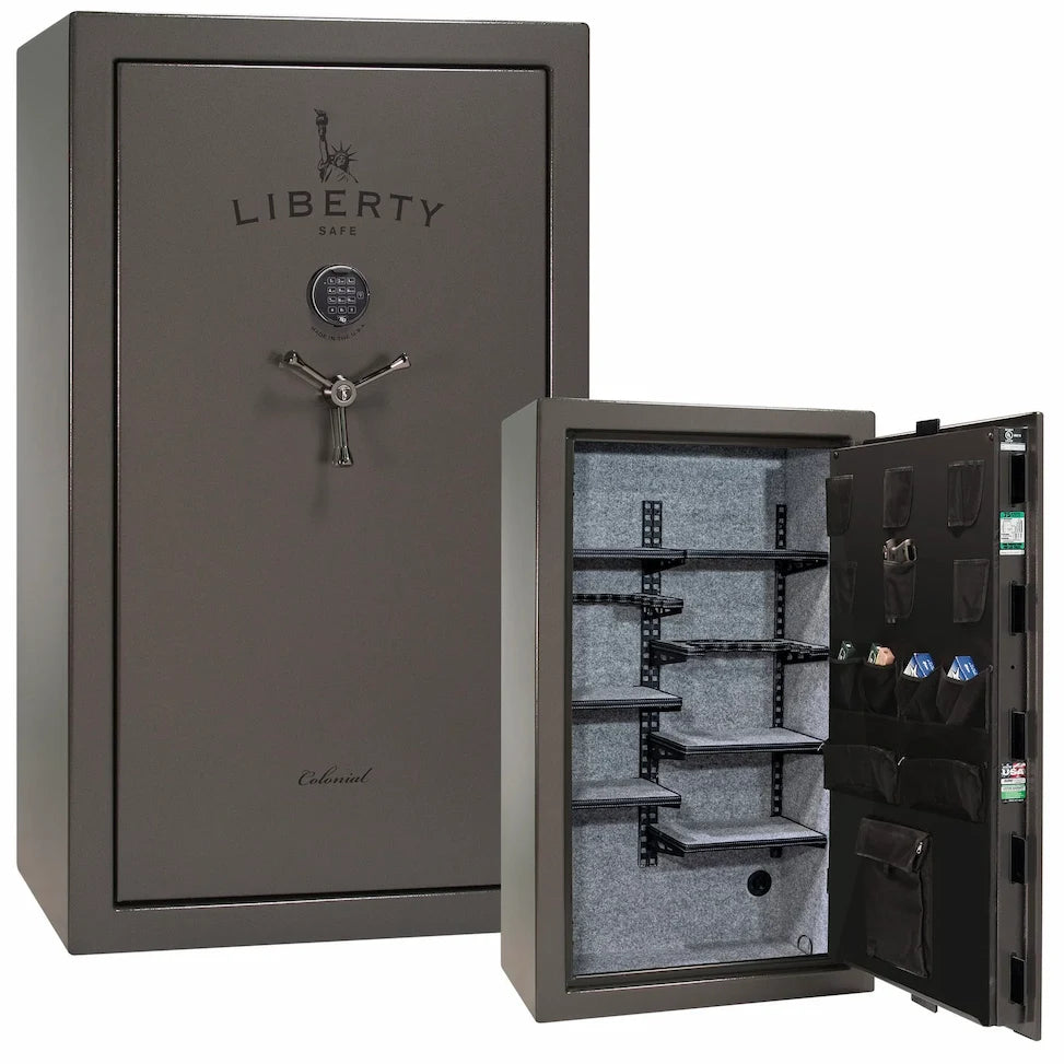 Liberty Colonial 30 gun safe in Gray Gloss with Black Chrome hardware, stacked exterior with S&G electronic lock and Pro Flex interior