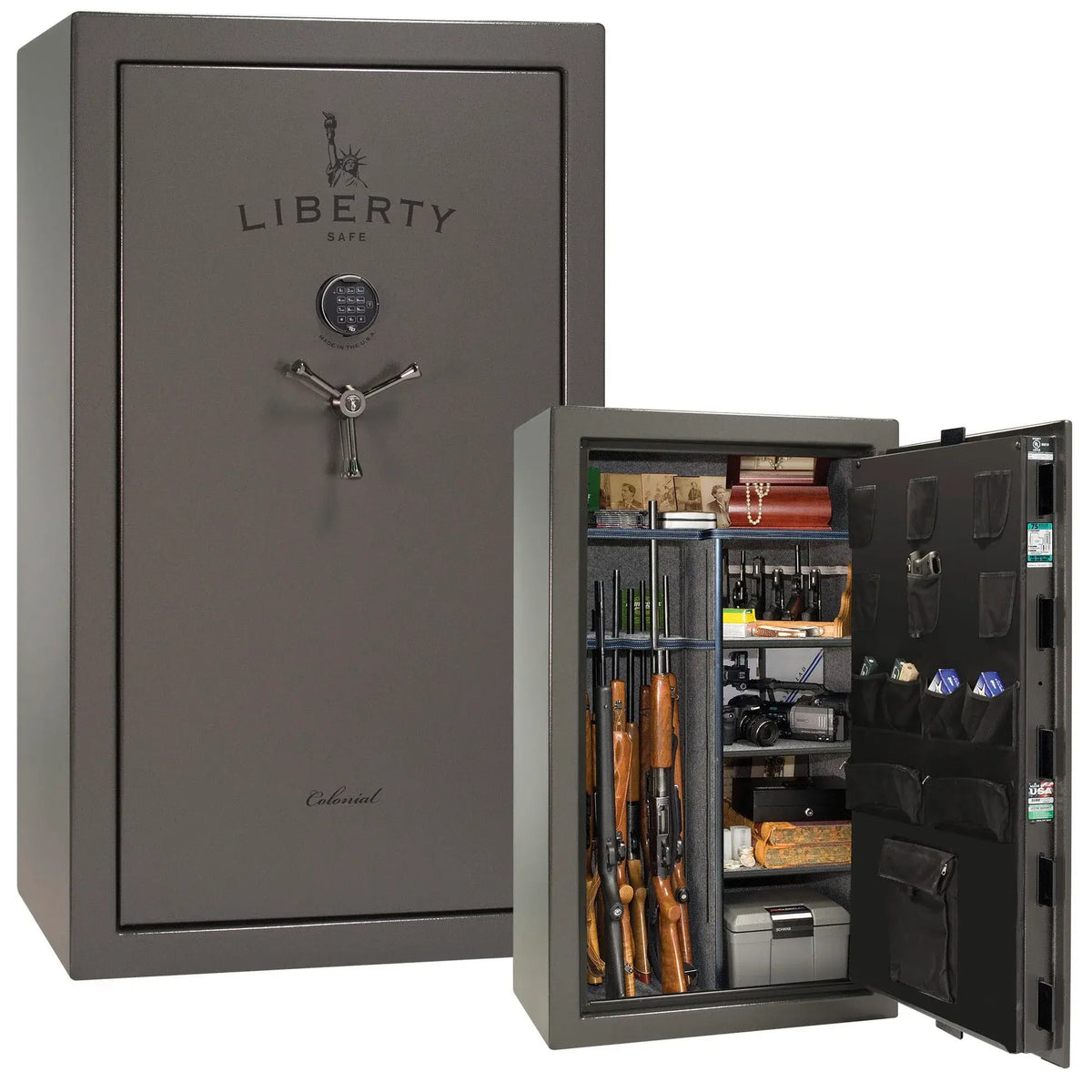 Liberty Colonial 30 gun safe in Gray Gloss with Black Chrome hardware, stacked exterior with S&G electronic lock and Standard Flex interior
