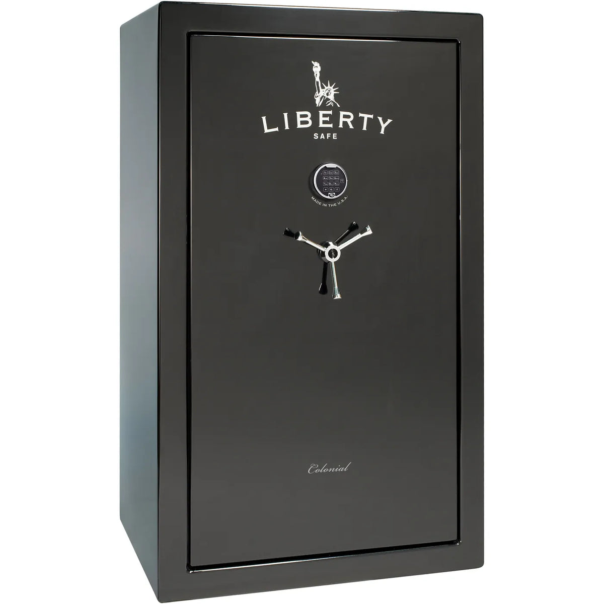 Liberty Colonial 30 gun safe in Black Gloss with Chrome hardware, exterior view with S&G electronic lock