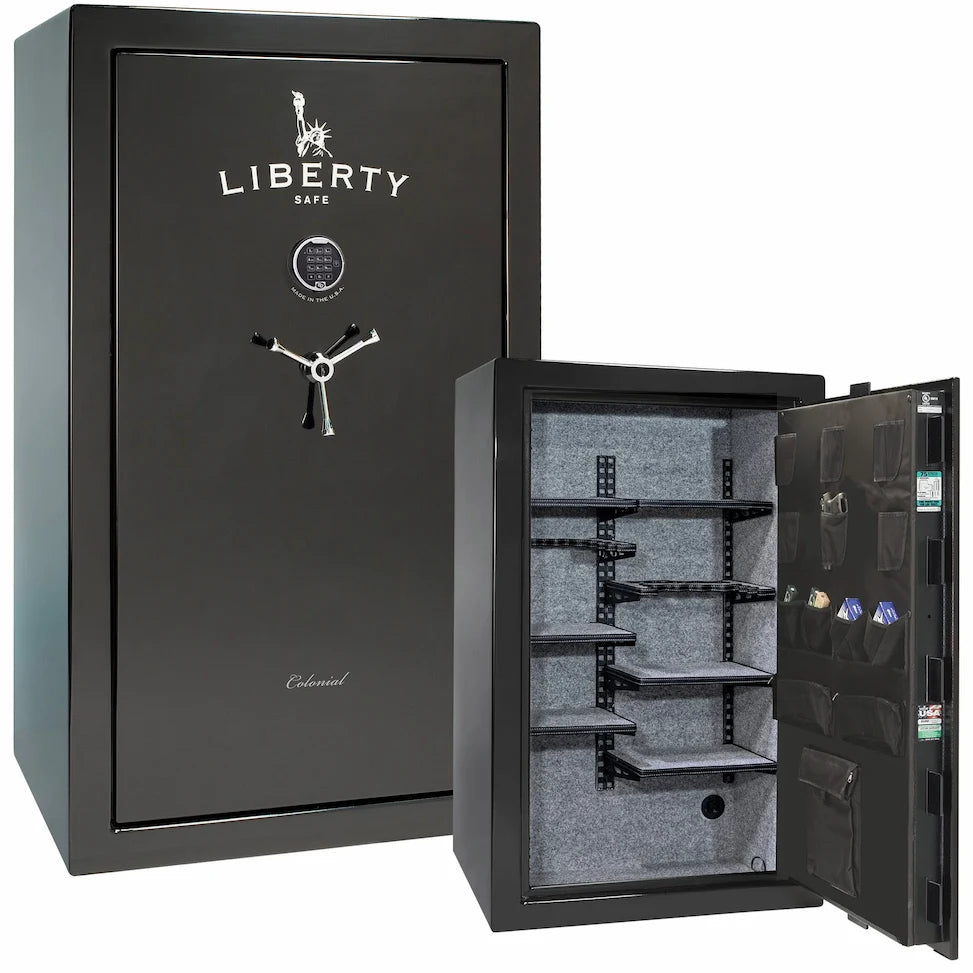 Liberty Colonial 30 gun safe in Black Gloss with Chrome hardware, stacked exterior with S&G electronic lock and Pro Flex interior