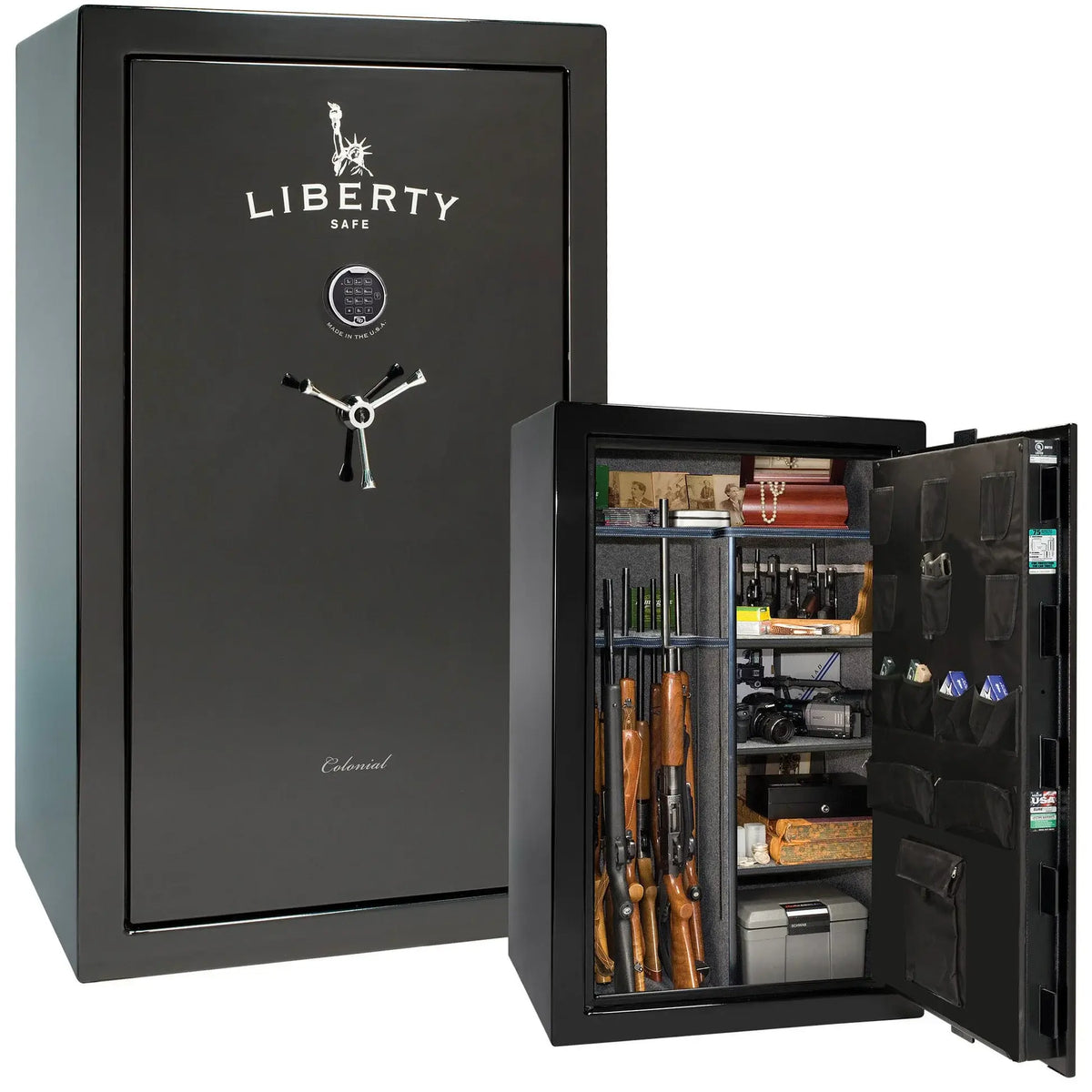 Liberty Colonial 30 gun safe in Black Gloss with Chrome hardware, stacked exterior with S&G electronic lock and Standard Flex interior