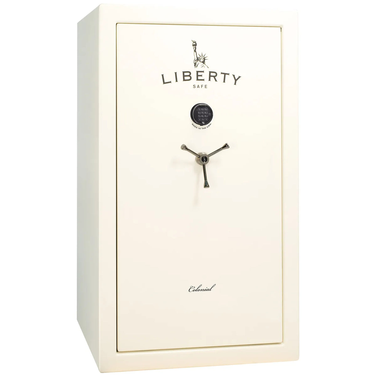 Liberty Colonial 30 gun safe in White Gloss with Black Chrome hardware, exterior view with S&G electronic lock