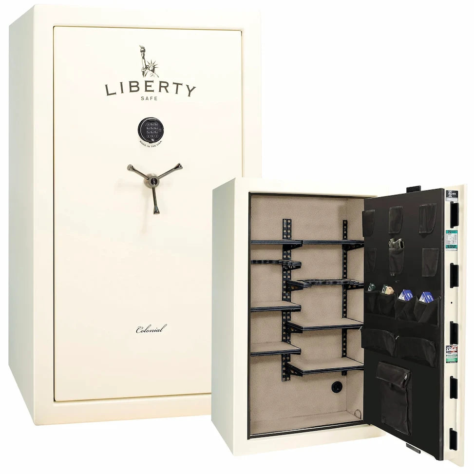 Liberty Colonial 30 gun safe in White Gloss with Black Chrome hardware, stacked exterior with S&G electronic lock and Pro Flex interior
