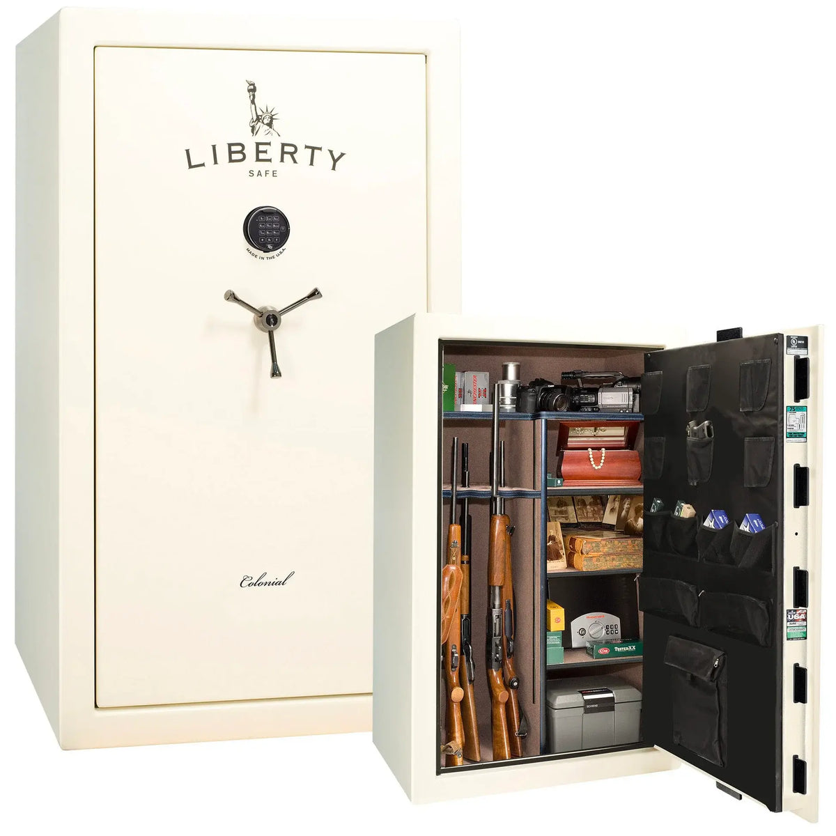 Liberty Colonial 30 gun safe in White Gloss with Black Chrome hardware, stacked exterior with S&G electronic lock and Standard Flex interior