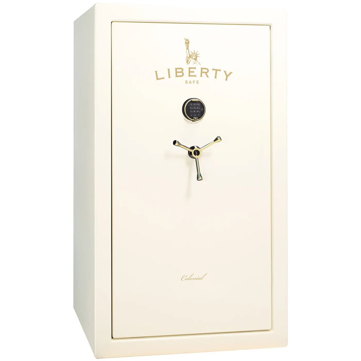 Liberty Colonial 30 gun safe in White Gloss with Brass hardware, exterior view with S&G electronic lock