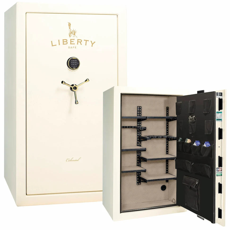 Liberty Colonial 30 gun safe in White Gloss with Brass hardware, stacked exterior with S&G electronic lock and Pro Flex interior