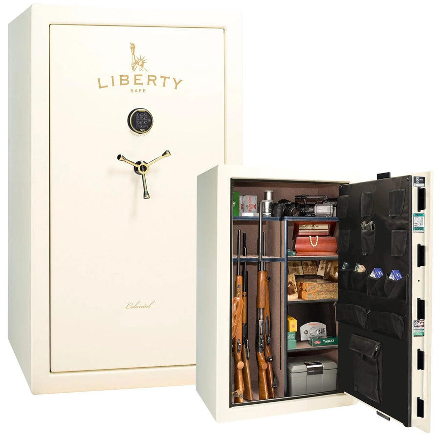 Liberty Colonial 30 gun safe in White Gloss with Brass hardware, stacked exterior with S&G electronic lock and Standard Flex interior
