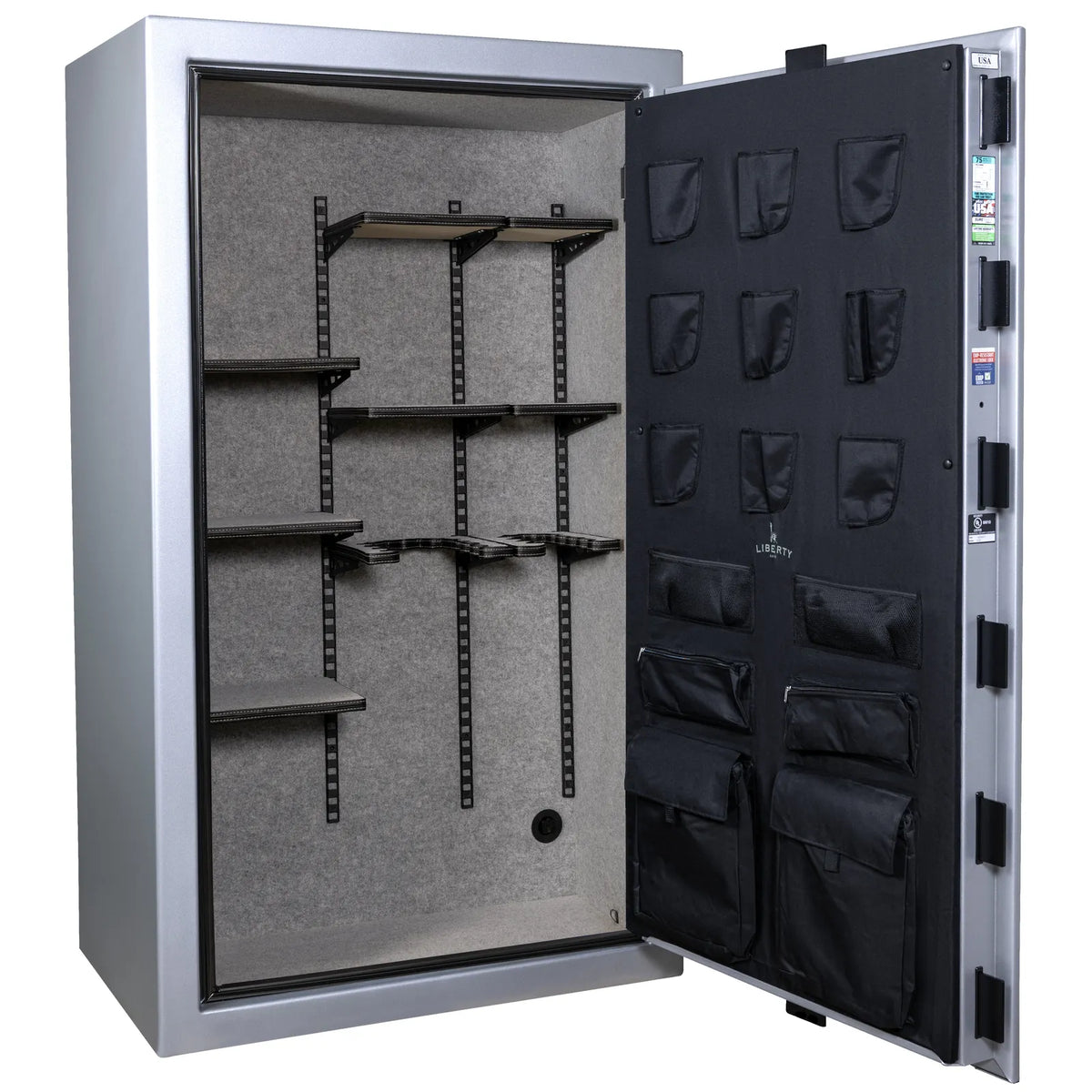 Liberty Colonial 50 gun safe in Glacial Steel, empty Pro Flex interior showing adjustable shelving