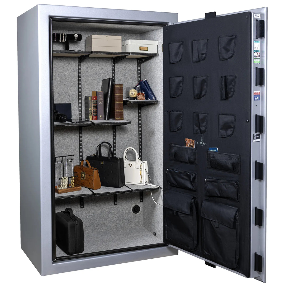 Liberty Colonial 50 gun safe in Glacial Steel, Pro Flex interior organized with valuables and accessories, no firearms