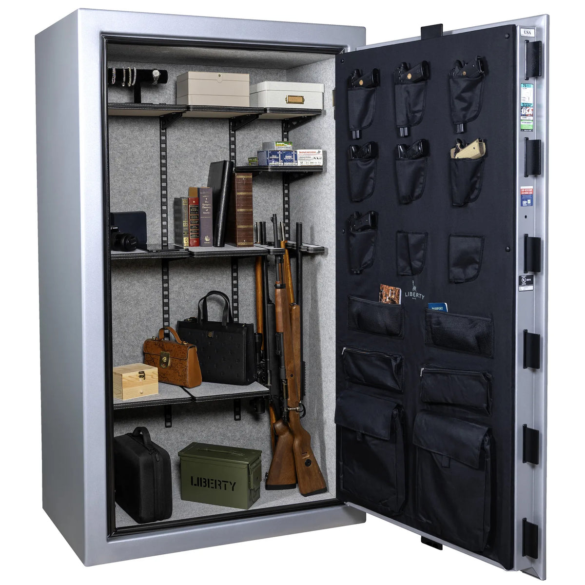 Liberty Colonial 50 gun safe in Glacial Steel, loaded Pro Flex interior showing firearm and accessory storage