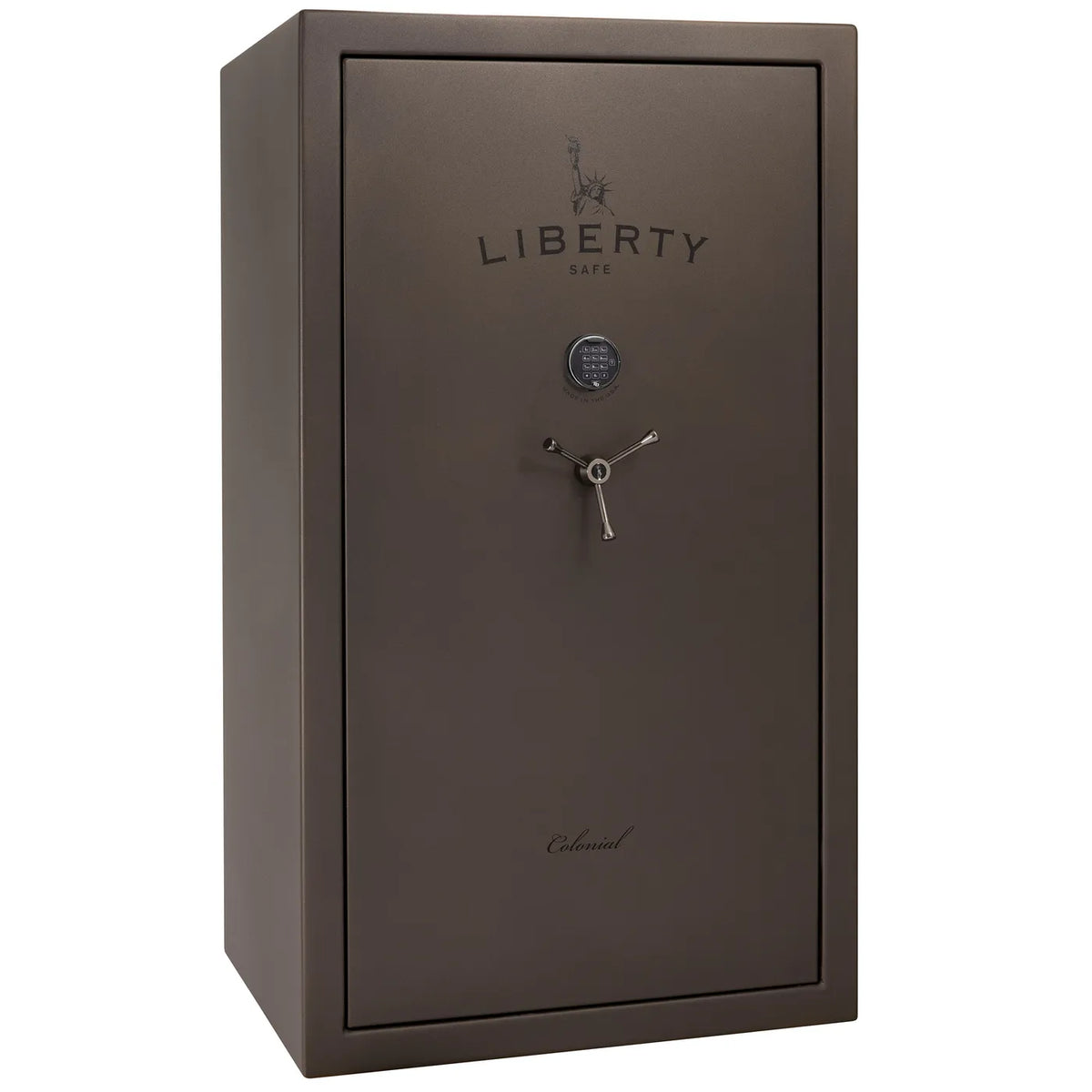 Liberty Colonial 50 gun safe in Textured Bronze with Black Chrome hardware, exterior view with S&G electronic lock