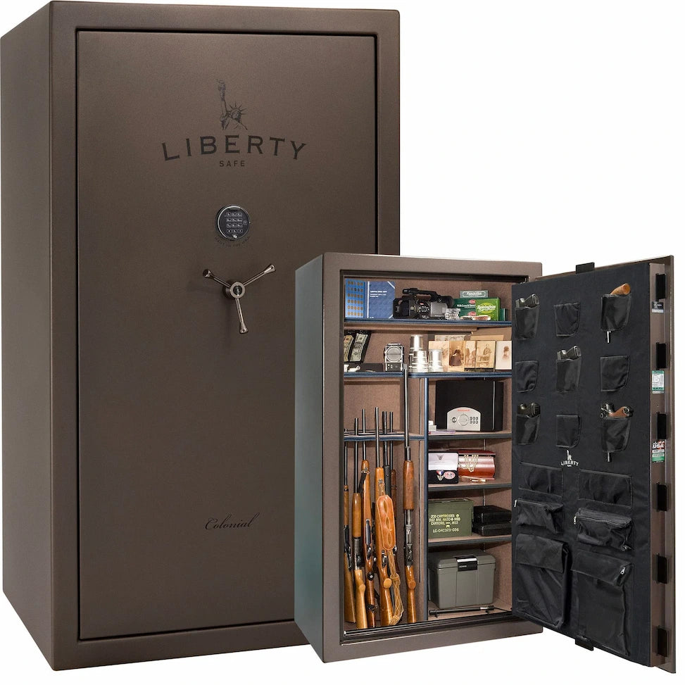 Liberty Colonial 50 gun safe in Textured Bronze with Black Chrome hardware, stacked exterior with S&G electronic lock and Standard Flex interior