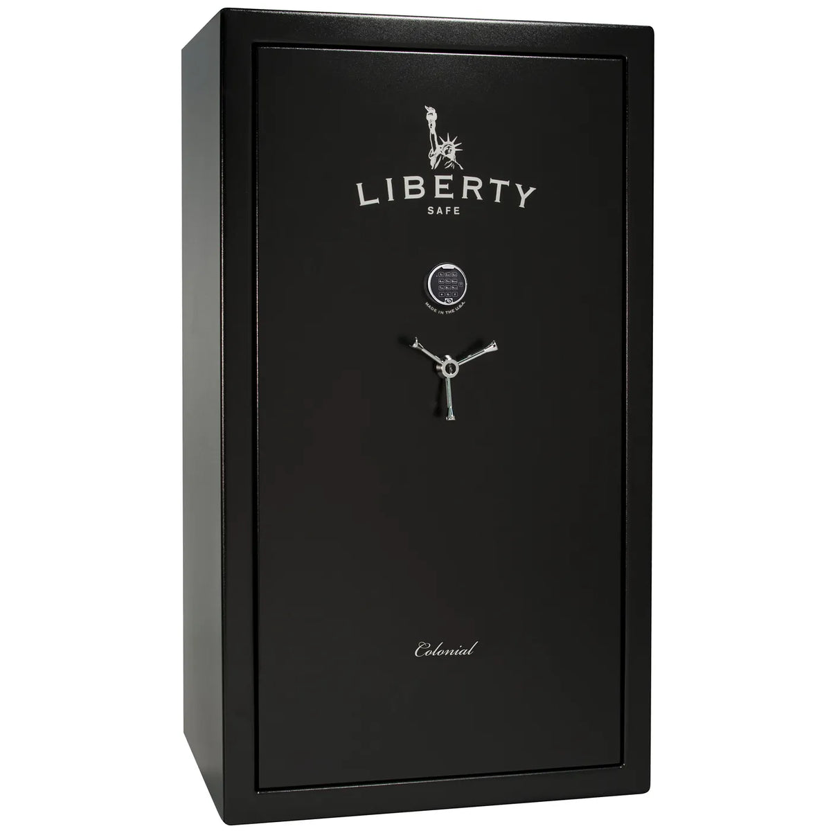 Liberty Colonial 50 gun safe in Textured Black with Chrome hardware, exterior view with S&G electronic lock