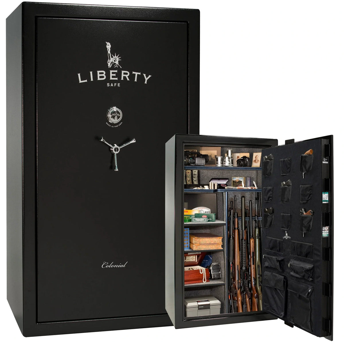 Liberty Colonial 50 gun safe in Textured Black with Chrome hardware, stacked exterior with mechanical lock and Standard Flex interior