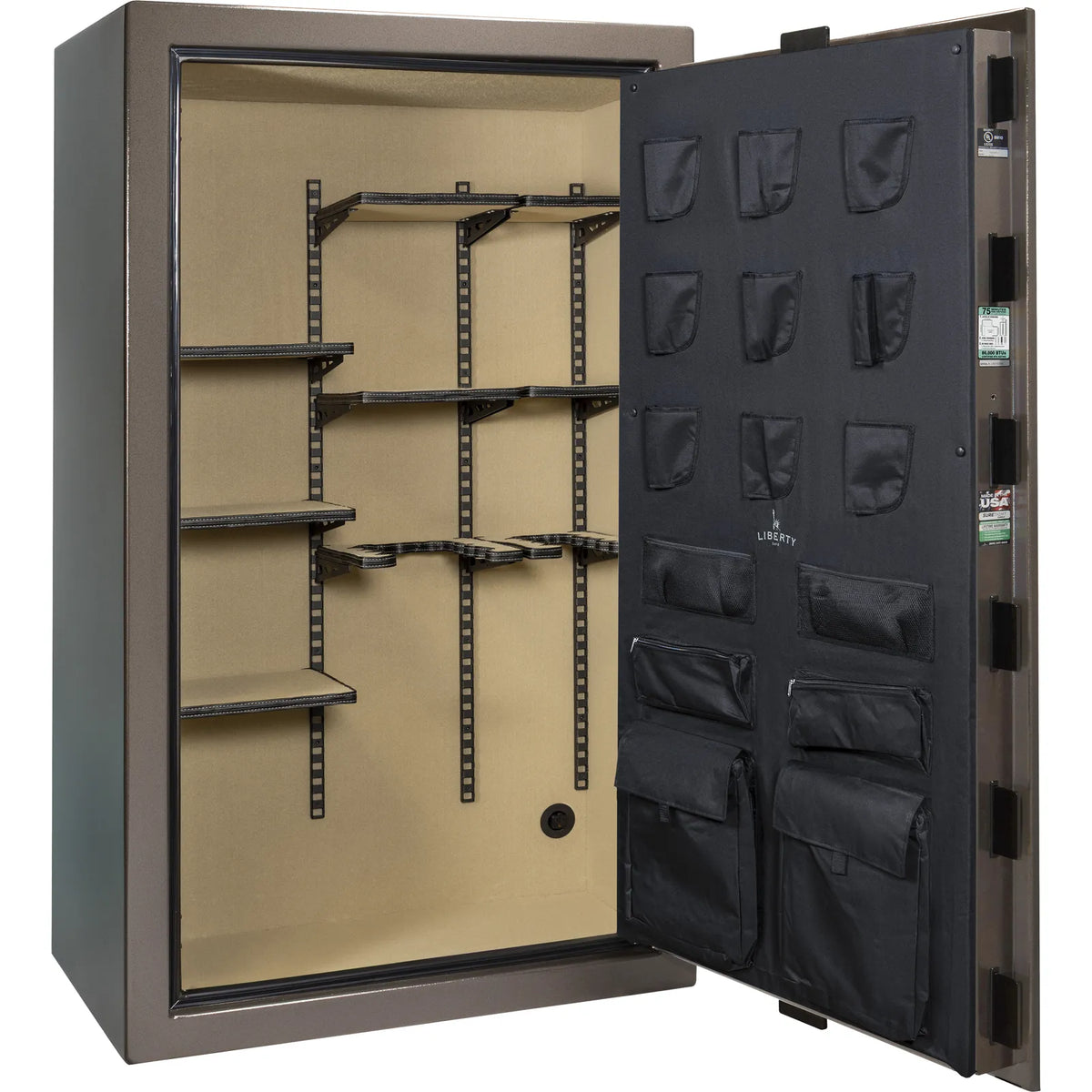 Liberty Colonial 50 gun safe in Textured Bronze, empty Pro Flex interior showing adjustable shelving