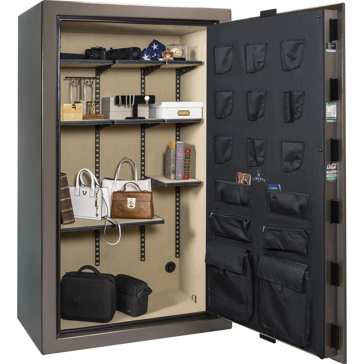 Liberty Colonial 50 gun safe in Textured Bronze, Pro Flex interior organized with valuables and accessories, no firearms