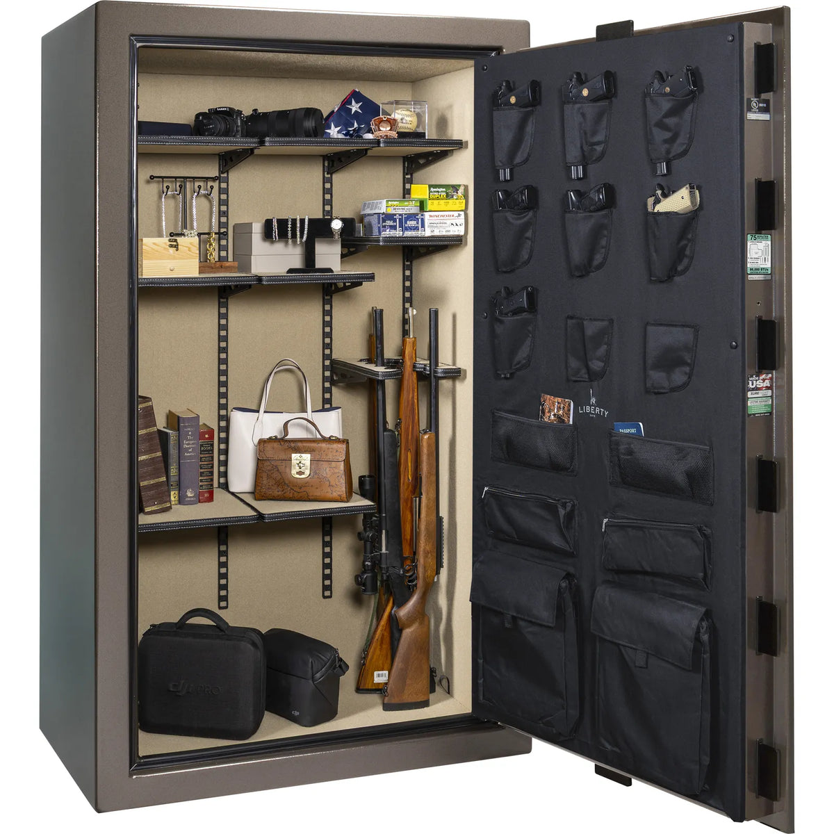 Liberty Colonial 50 gun safe in Textured Bronze, loaded Pro Flex interior showing firearm and accessory storage
