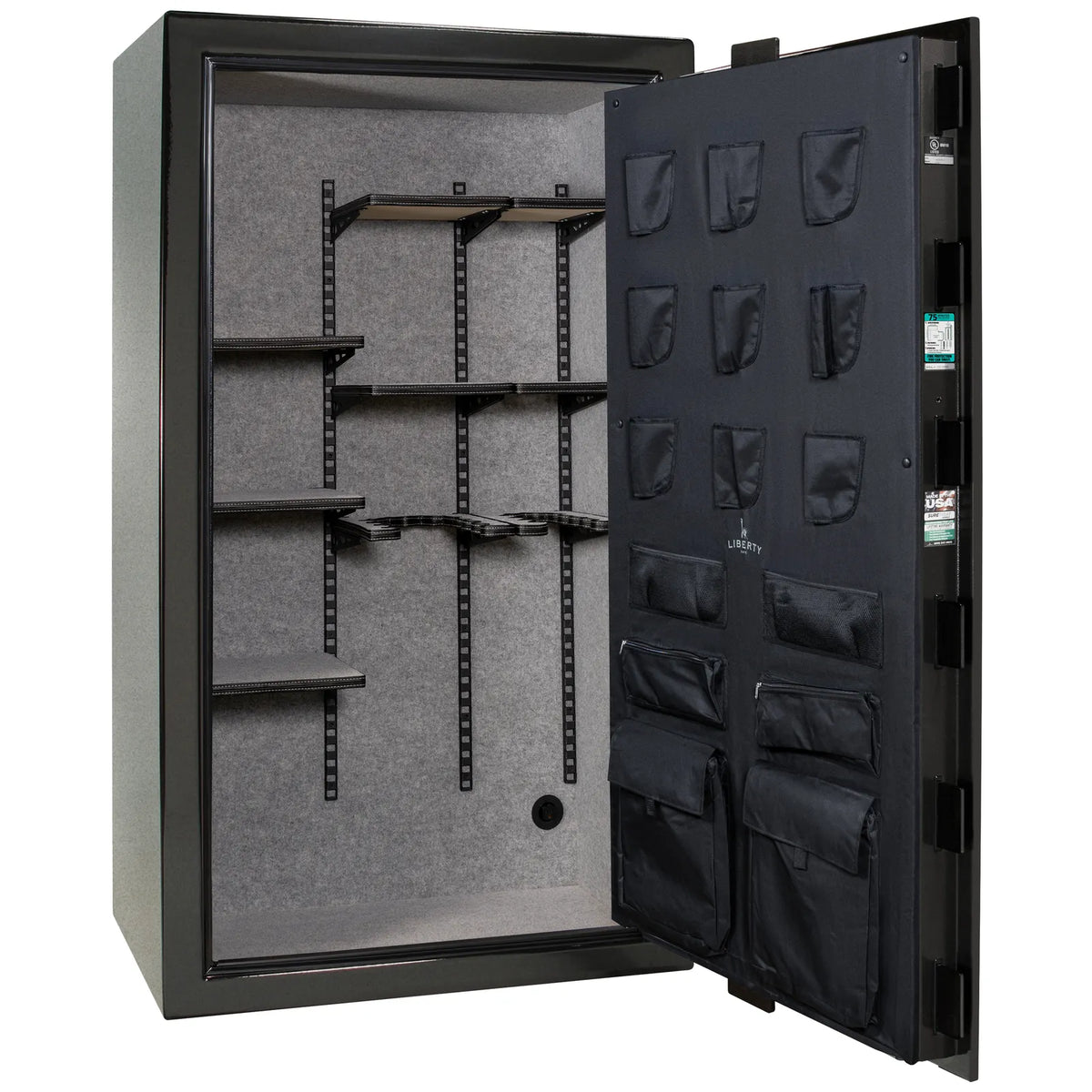 Liberty Colonial 50 gun safe in Textured Black, empty Pro Flex interior showing adjustable shelving