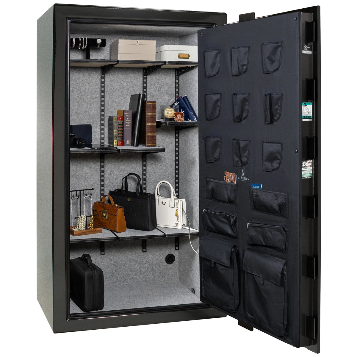 Liberty Colonial 50 gun safe in Textured Black, Pro Flex interior organized with valuables and accessories, no firearms
