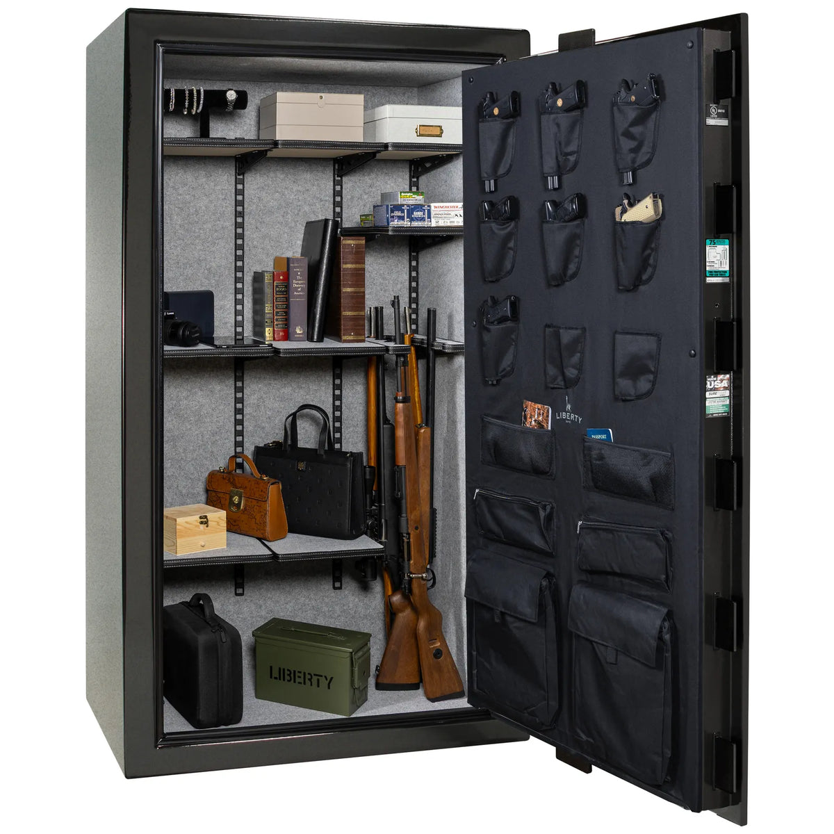 Liberty Colonial 50 gun safe in Textured Black, loaded Pro Flex interior showing firearm and accessory storage