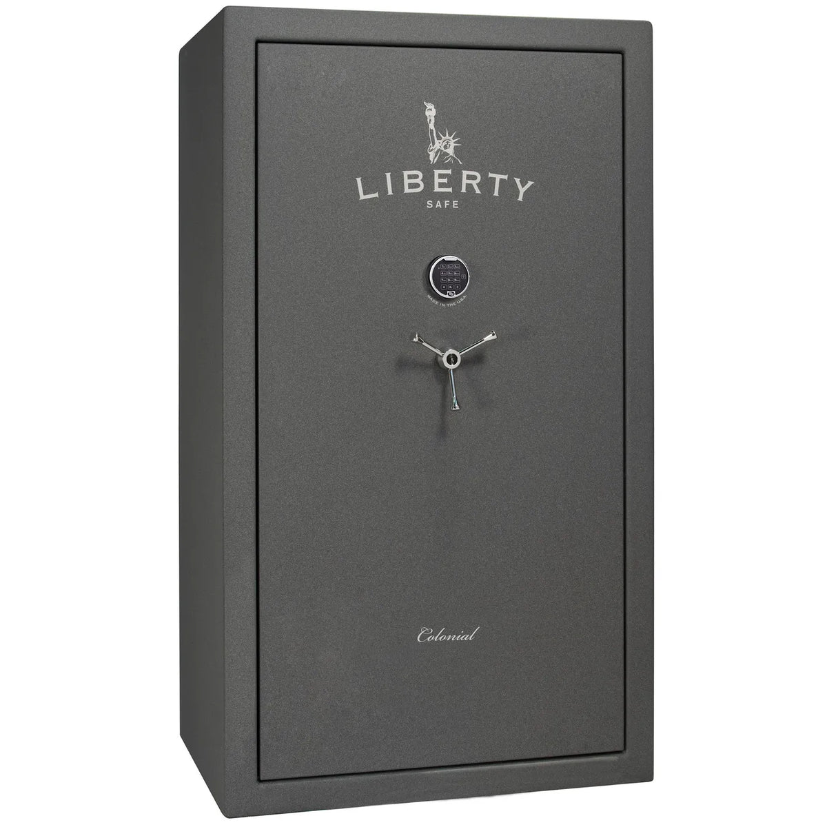 Liberty Colonial 50 gun safe in Textured Granite with Chrome hardware, exterior view with S&G electronic lock