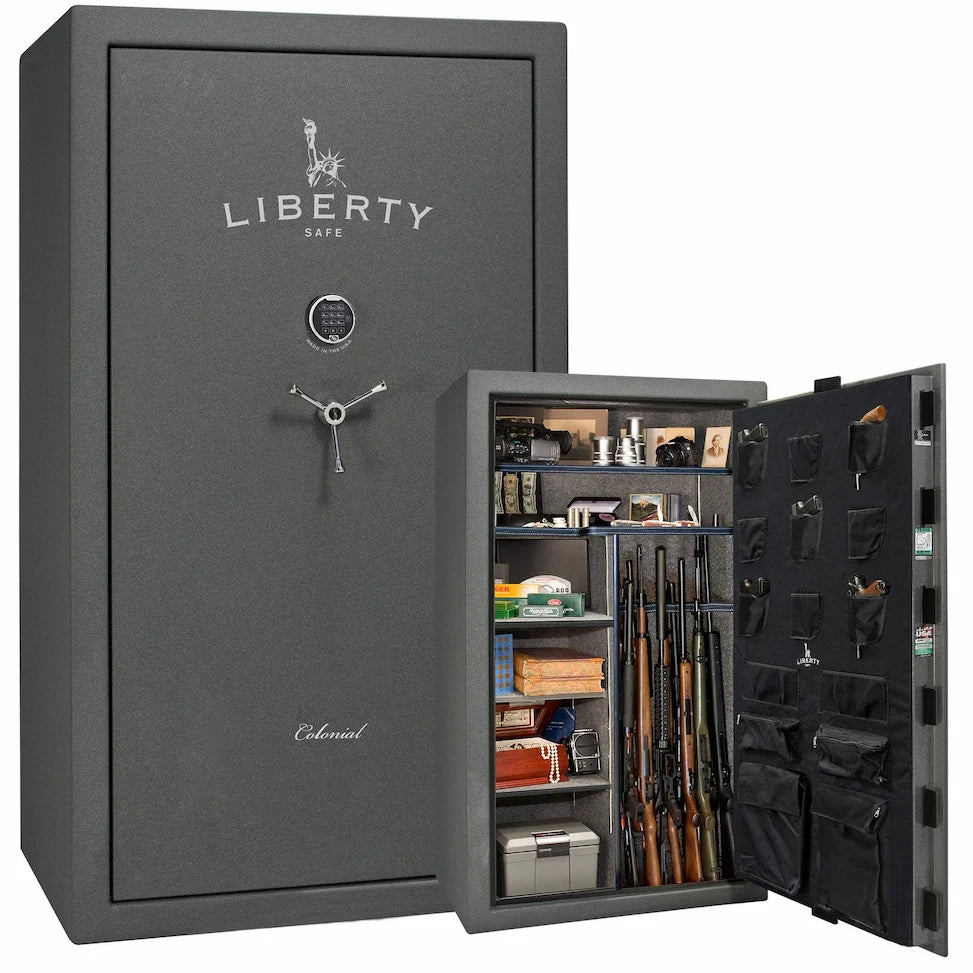 Liberty Colonial 50 gun safe in Textured Granite with Chrome hardware, stacked exterior with S&G electronic lock and Standard Flex interior
