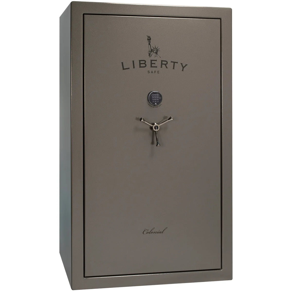 Liberty Colonial 50 gun safe in Gray Marble with Black Chrome hardware, exterior view with S&G electronic lock