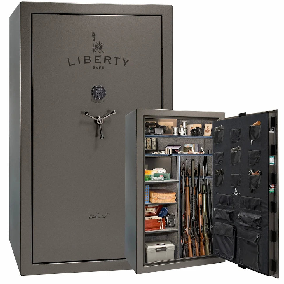 Liberty Colonial 50 gun safe in Gray Marble with Black Chrome hardware, stacked exterior with S&G electronic lock and Standard Flex interior