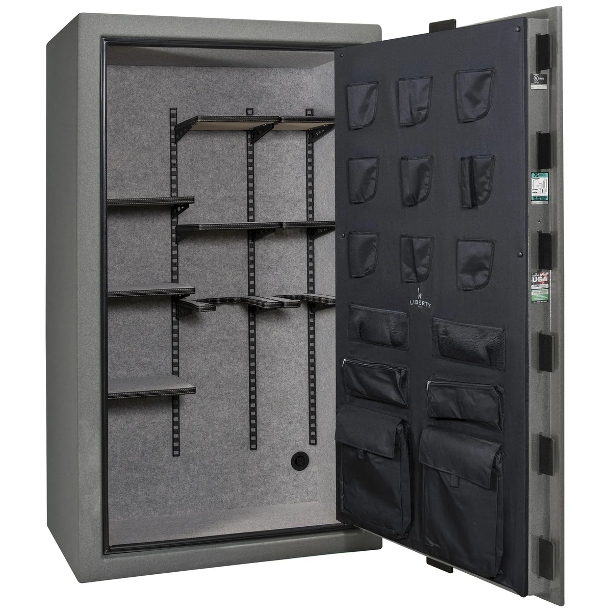 Liberty Colonial 50 gun safe in Textured Granite, empty Pro Flex interior showing adjustable shelving