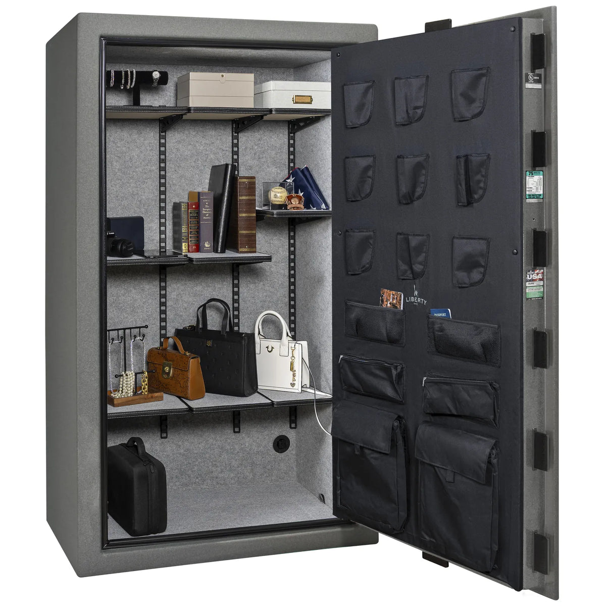 Liberty Colonial 50 gun safe in Textured Granite, Pro Flex interior organized with valuables and accessories, no firearms